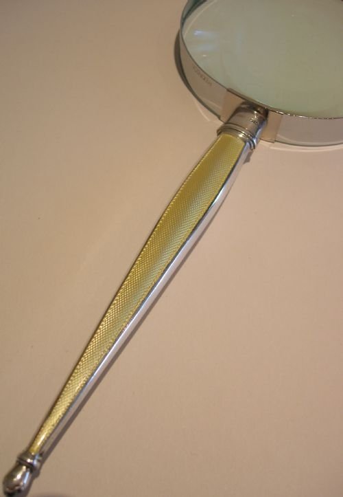 fig 1. Large Antique Magnifying Glass - Lemon Yellow Guilloche Enamel and Silver Handle