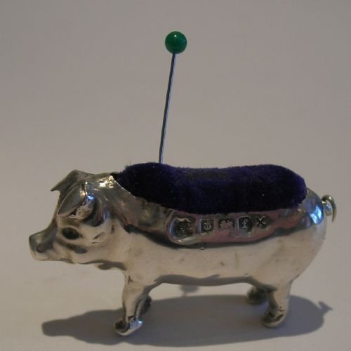 Antique English Sterling Silver Figural Pin Cushion - Pig - 1905