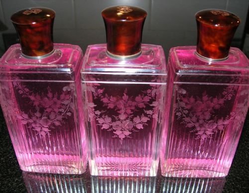 Rare and Stunning Pretty Set of French Perfume Bottles - Tortoise Shell Tops