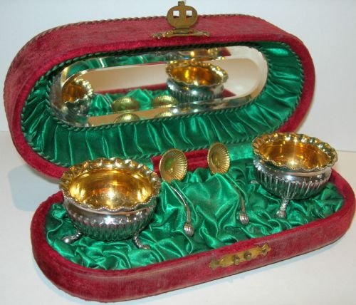 Exquisite Boxed Victorian Silver Plated Salts and Spoons