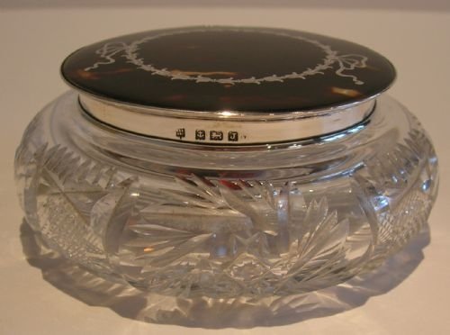 fig 1. Gorgeous Tortoise Shell and English Sterling Silver Lidded Vanity Jar
