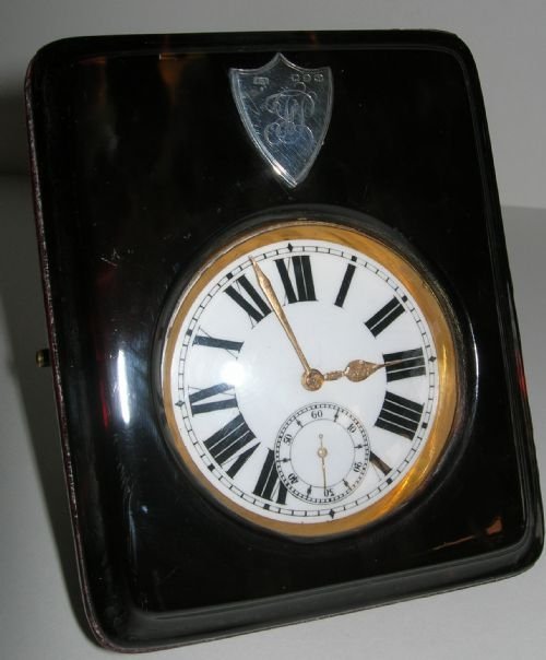 fig 1. Handsome Antique Travelling Pocket Watch In Case - Tortoise Shell