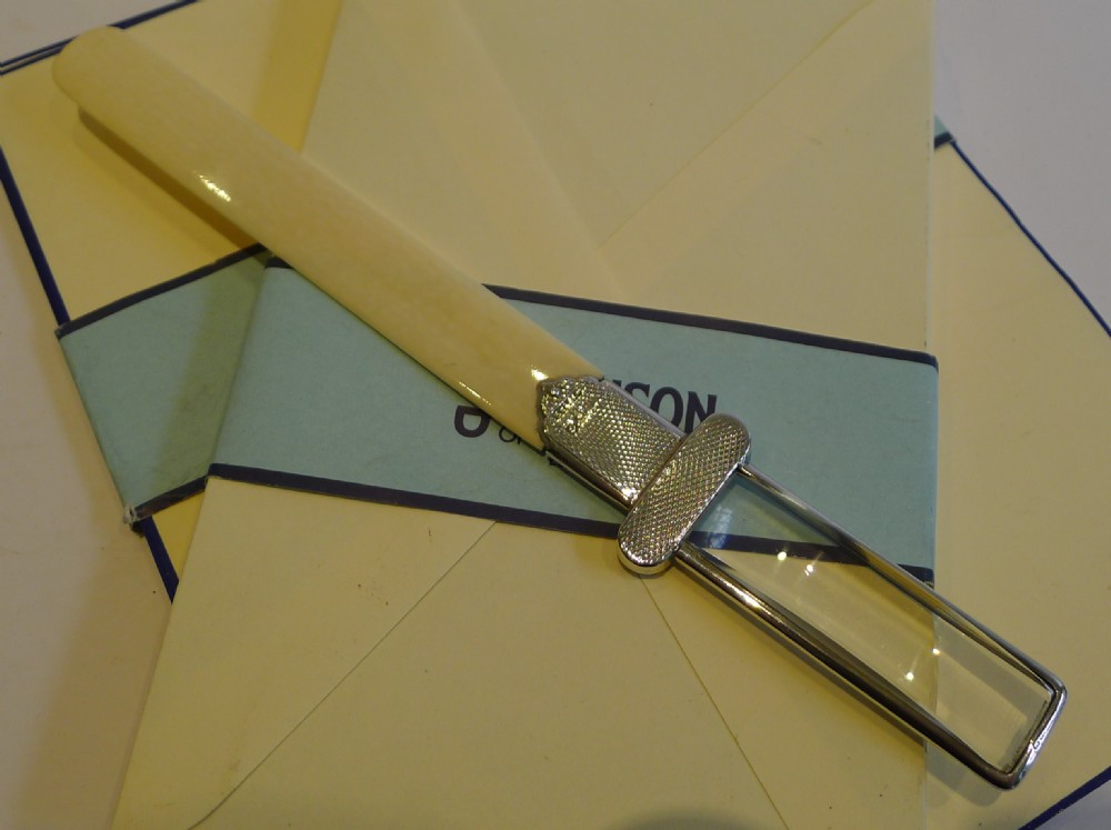 English Art Deco Ivory Paper Knife With Magnifying Glass Handle - Sterling Silver Handle - 1937