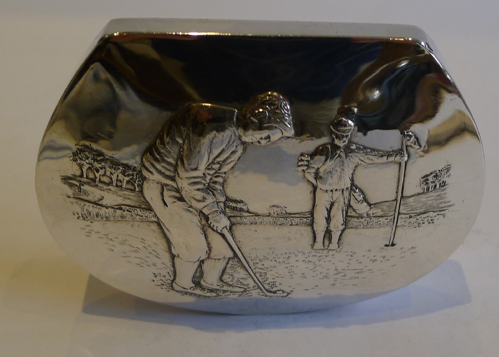 Rare Large English Sterling Silver Table Snuff Box - Golf - by P.J. Finch