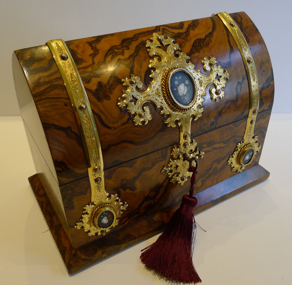 Museum Quality Burr Walnut Stationery Box, Fine Engraved Gilded Mounts With Pietra Dura