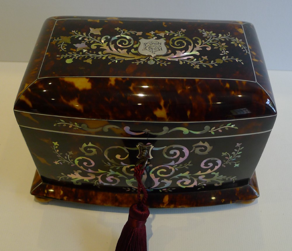Stunning Antique English Mother of Pearl Inlaid Tortoise Shell Tea Caddy c.1850