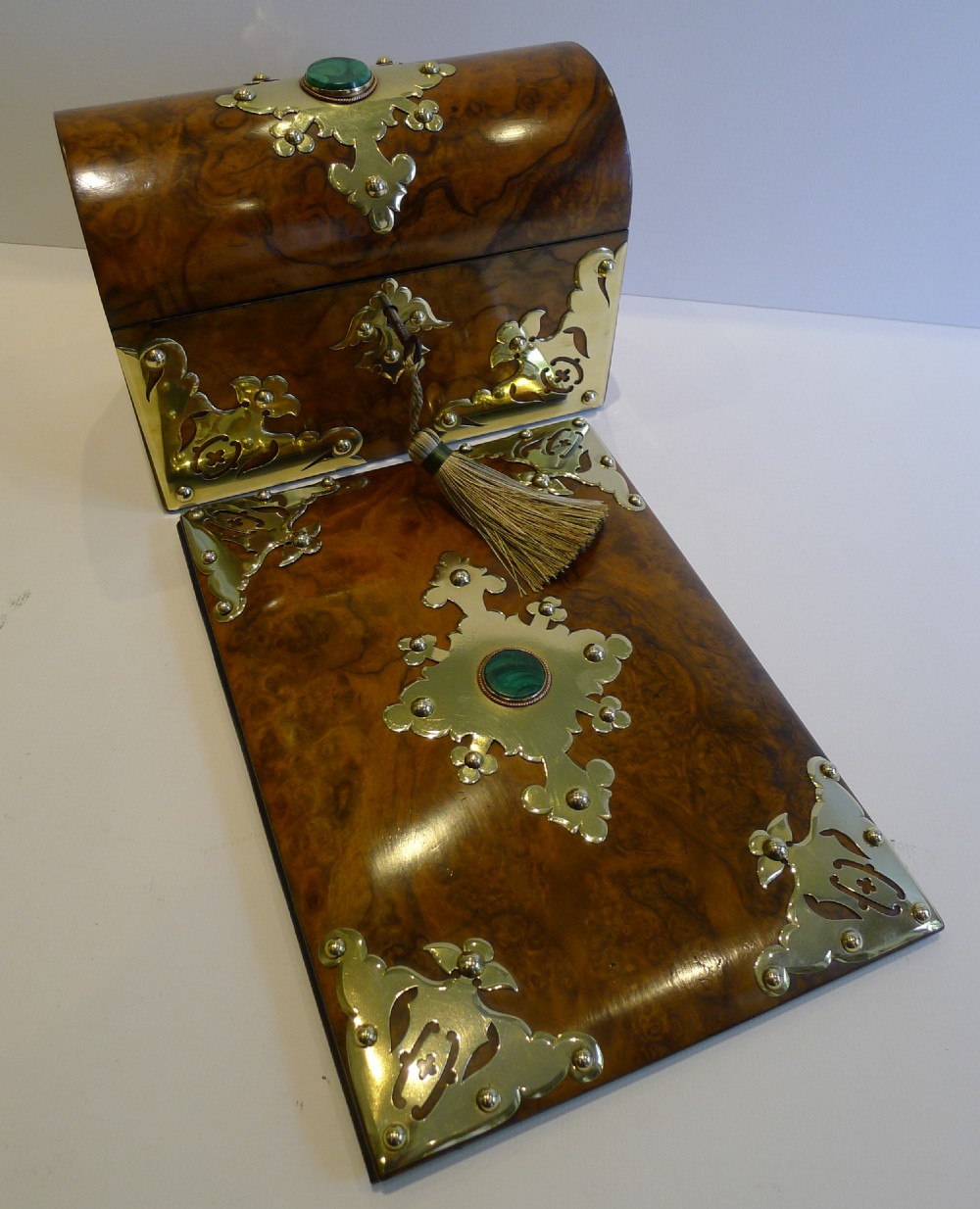 Antique Burl Walnut Desk Set - Brass & Malachite Mounted c.1860