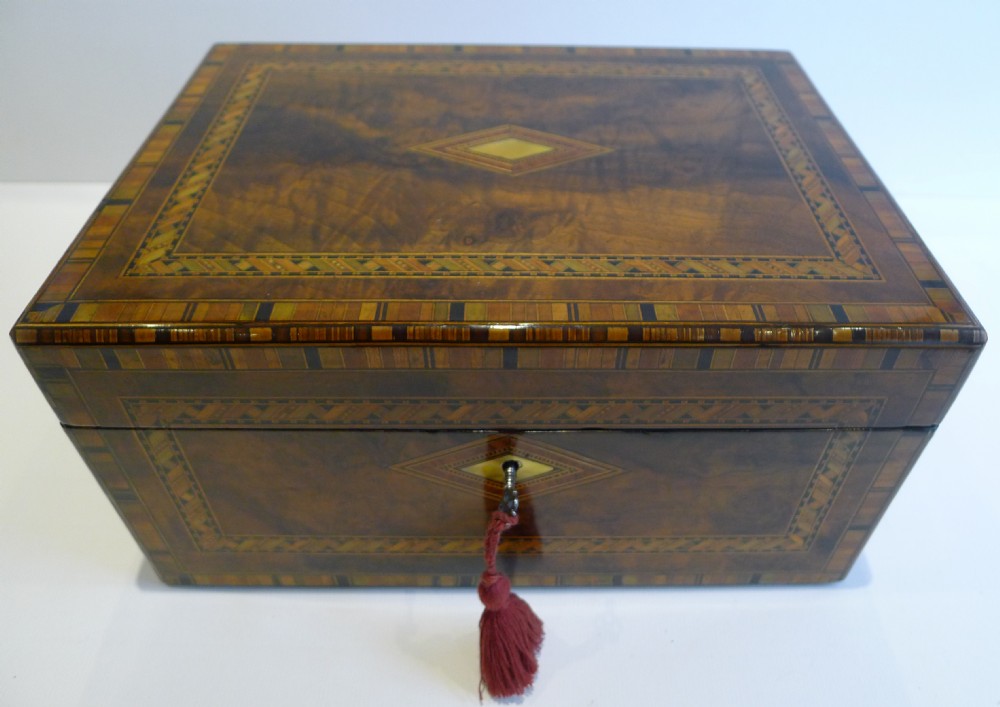 Antique English Burl Walnut and Tunbridge Inlaid Jewelry or Desk Box c.1860