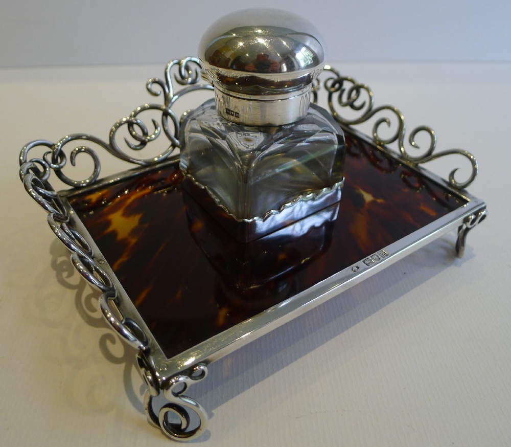 Stunning Antique English Sterling Silver & Tortoise Shell Inkwell - 1907