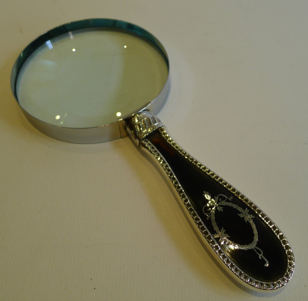 Large English Sterling Silver & Tortoise Shell Magnifying Glass - Pique Inlaid