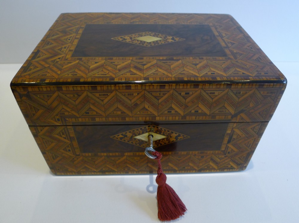Antique English Burl Walnut and Tunbridge Inlaid Jewelry or Desk Box c.1860