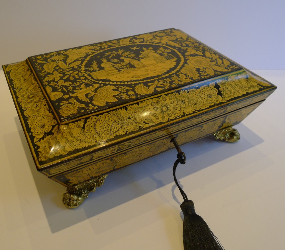 Fine Quality English Regency Penwork Jewelry Box in Chinoiserie c.1820