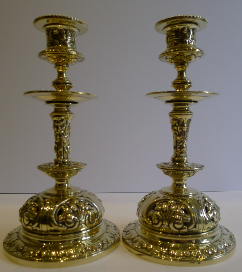 Unusual & Grand Pair Antique English Brass Candlesticks c.1890