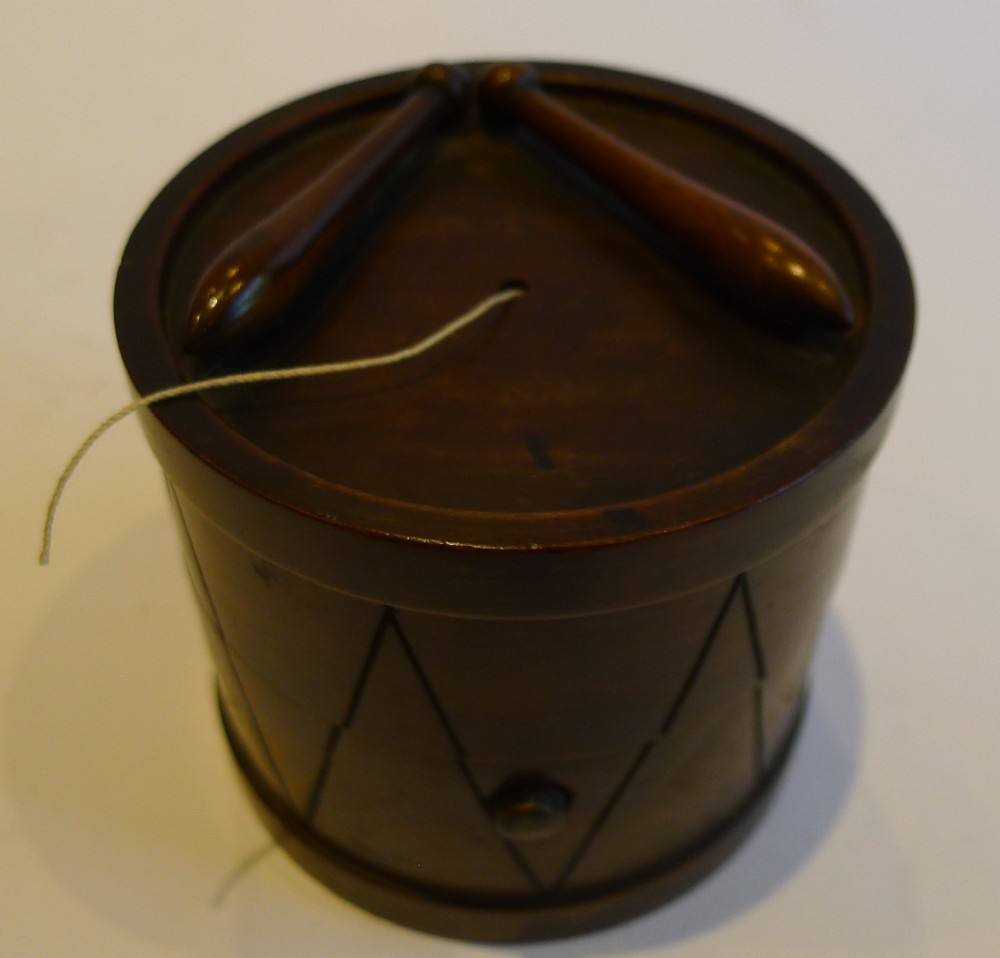 Antique English Novelty Carved Walnut Thread or String Box c.1890 - Drum