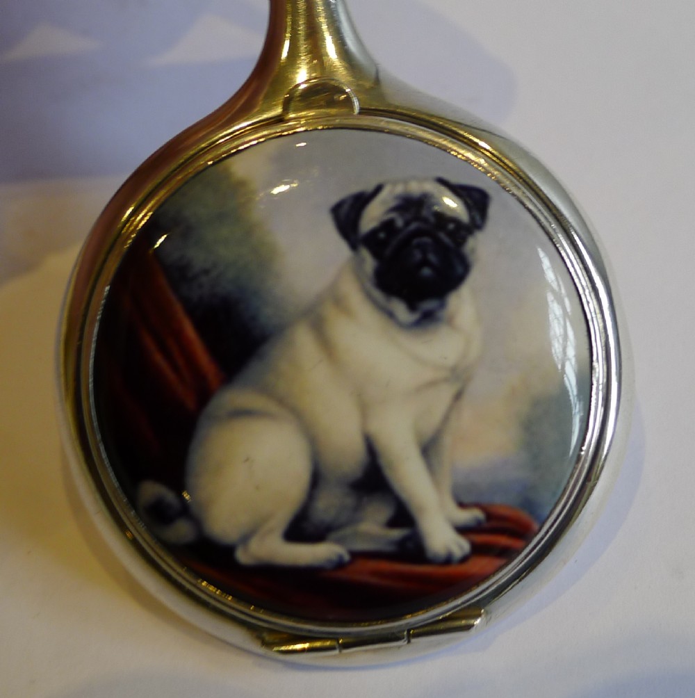 Figural English Sterling Silver & Enamel Compact - Dog - Pug