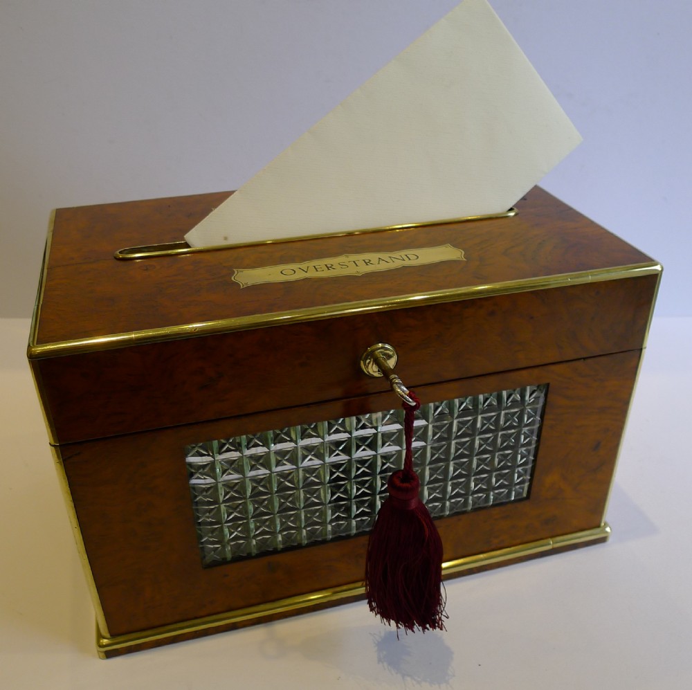 Aristocratic Antique English Brass Bound Letters Box In Pollard Oak c.1860