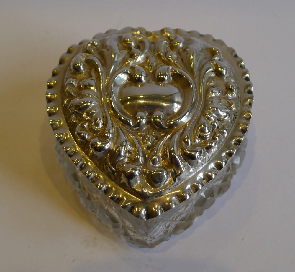Antique English Cut Glass & Sterling Silver Heart Box - Birmingham 1903