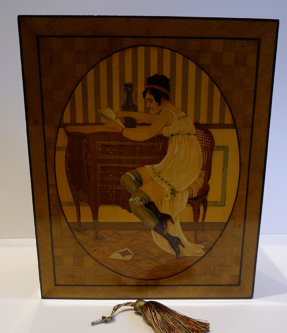 Rare & Magnificent English Antique Mahogany Inlaid & Painted Box - Risque French Lady c.1910