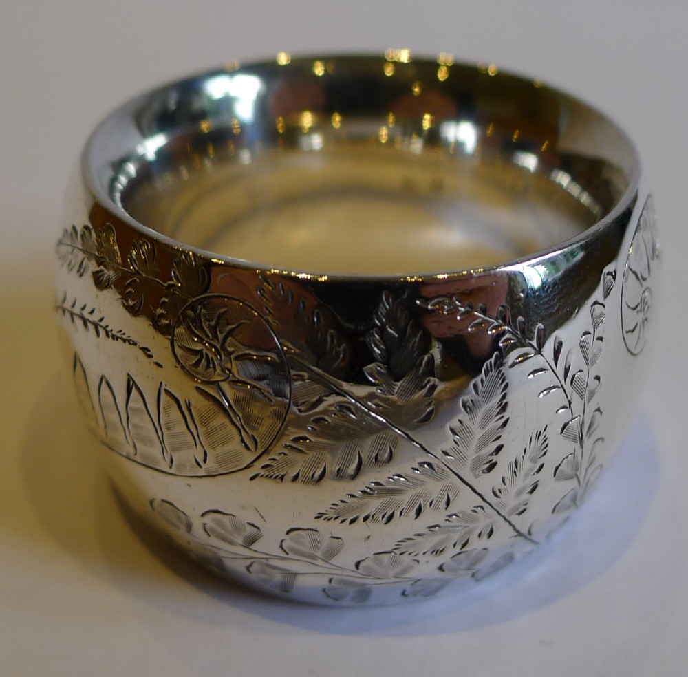 Top Quality Antique English Fern Engraved Sterling Silver Napkin Ring - 1899