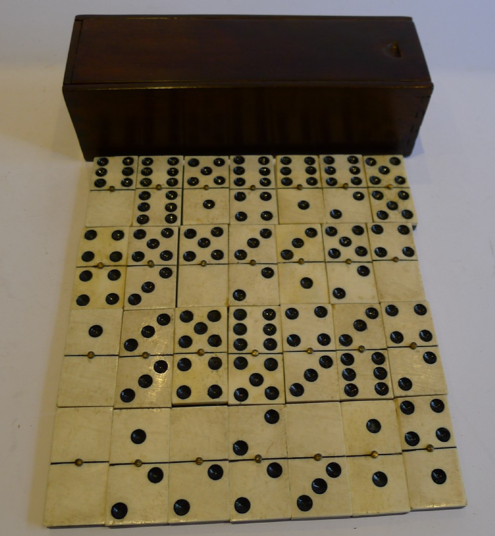 Antique English Boxed Set Bone & Ebony Wood Dominoes c.1890