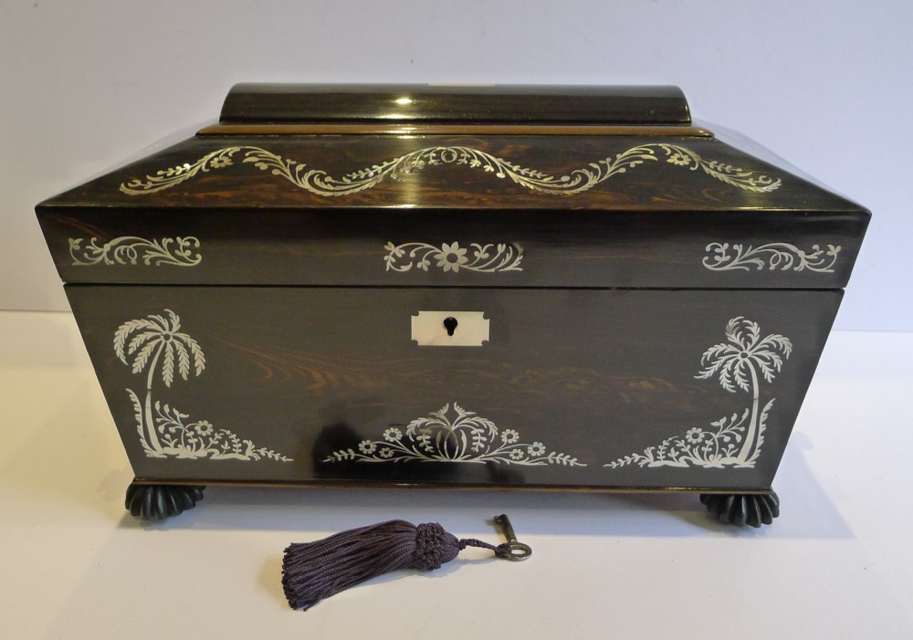 Antique English Mother of Pearl Macassar Ebony Inlaid Tea Caddy c.1830