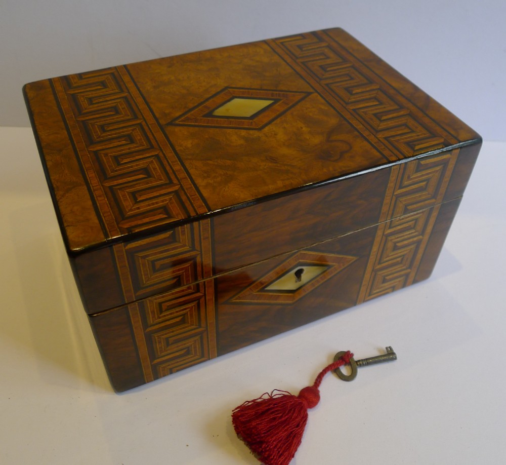 Antique Burr Walnut Jewelry or Table Box - Tunbridge Inlaid c.1850
