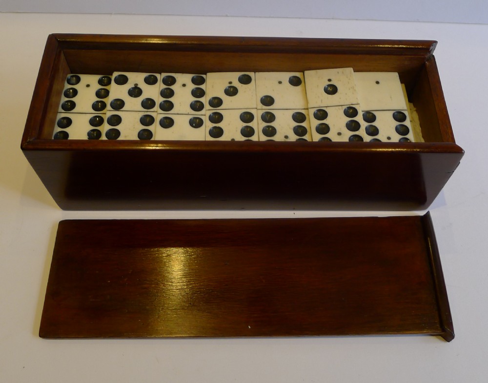 Antique English Boxed Set Bone & Ebony Wood Dominoes c.1890