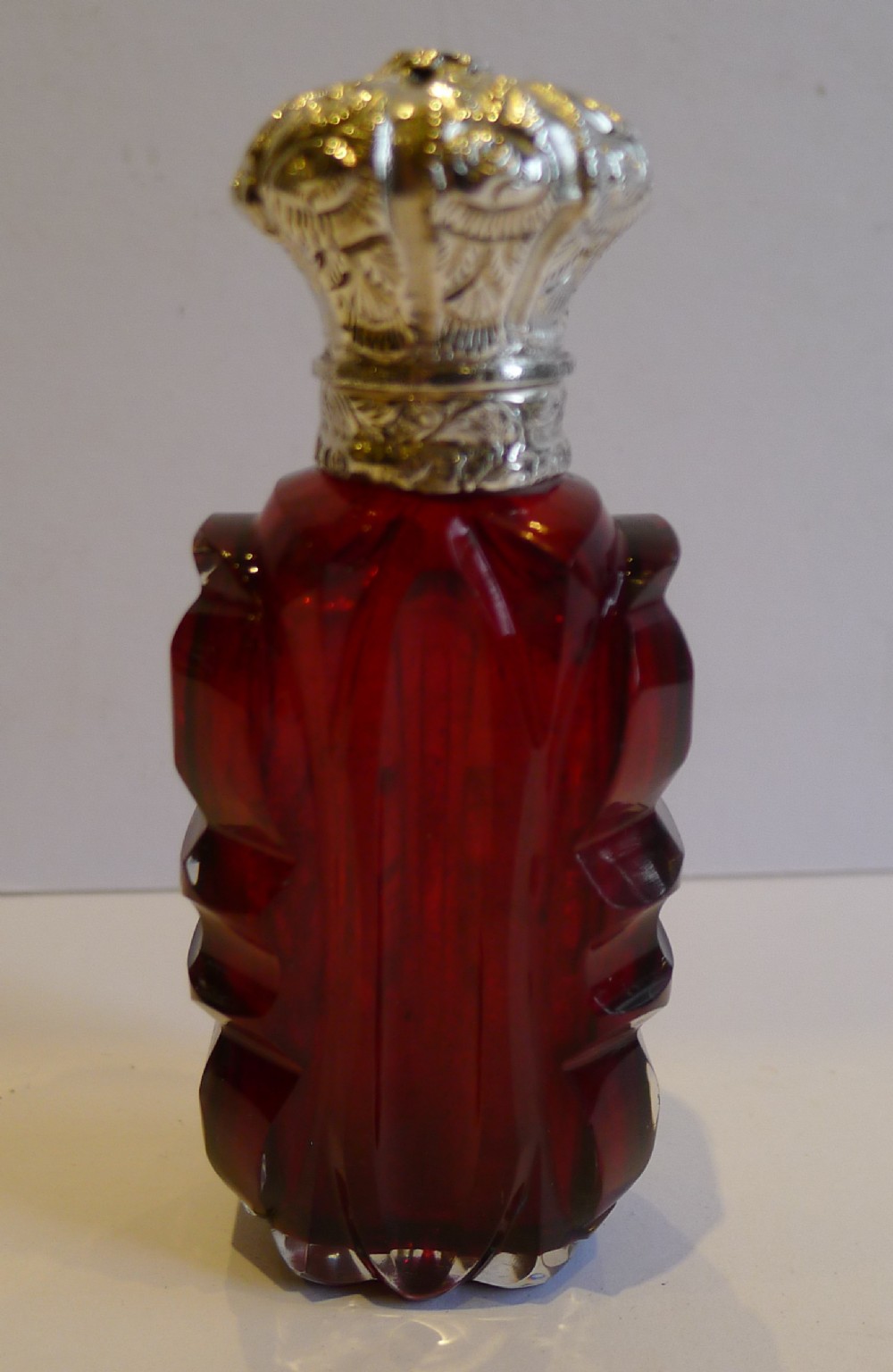 Antique English Ruby Red Cut Perfume Bottle - Sterling Silver Top c.1880