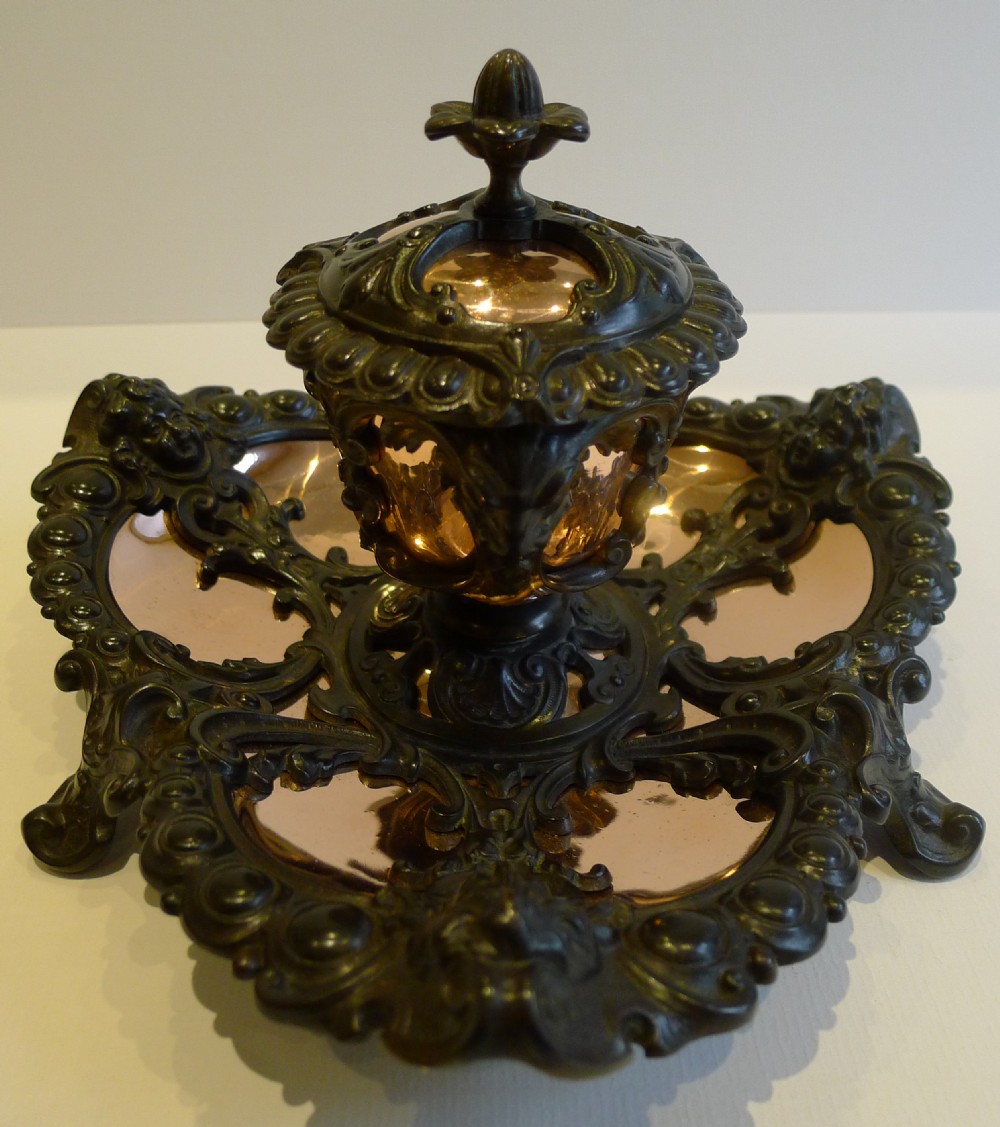 Magnificent & Striking Bronze & Polished Copper Inkwell - Cherubs c.1870