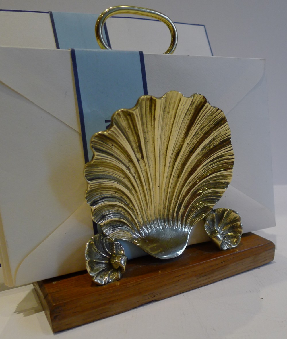 Exquisite Antique English Oak & Brass Letter Rack - Shells - Signed