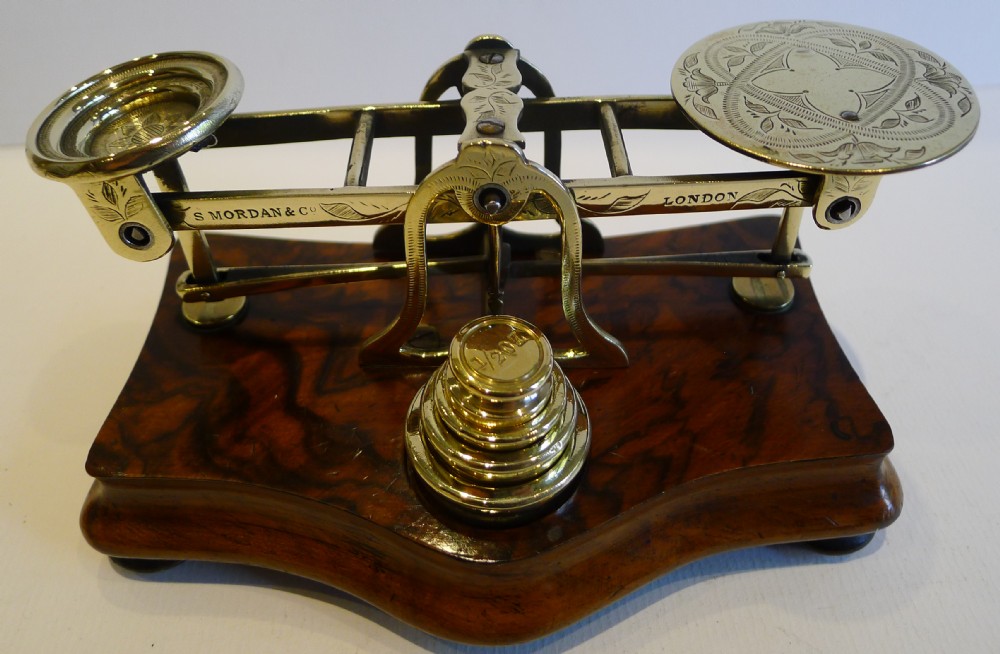 Top Notch Burl Walnut & Engraved Brass Postage Scale by Samson Mordan c.1880