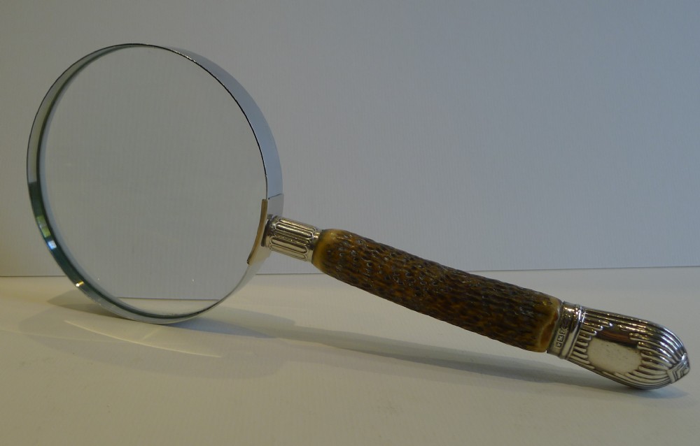 Large Antique English Antler Horn & Sterling Silver Magnifying Glass
