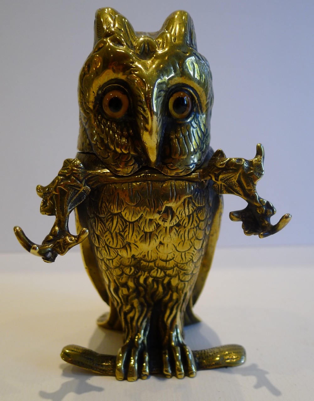 Fabulous Antique English Figural Inkwell - Cast Brass Owl With Glass Eyes