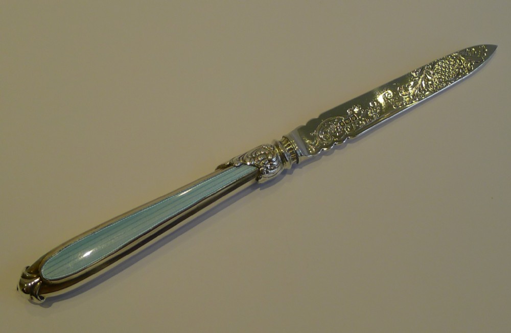 Antique English Sterling Silver & Blue Guilloche Enamel Letter Opener