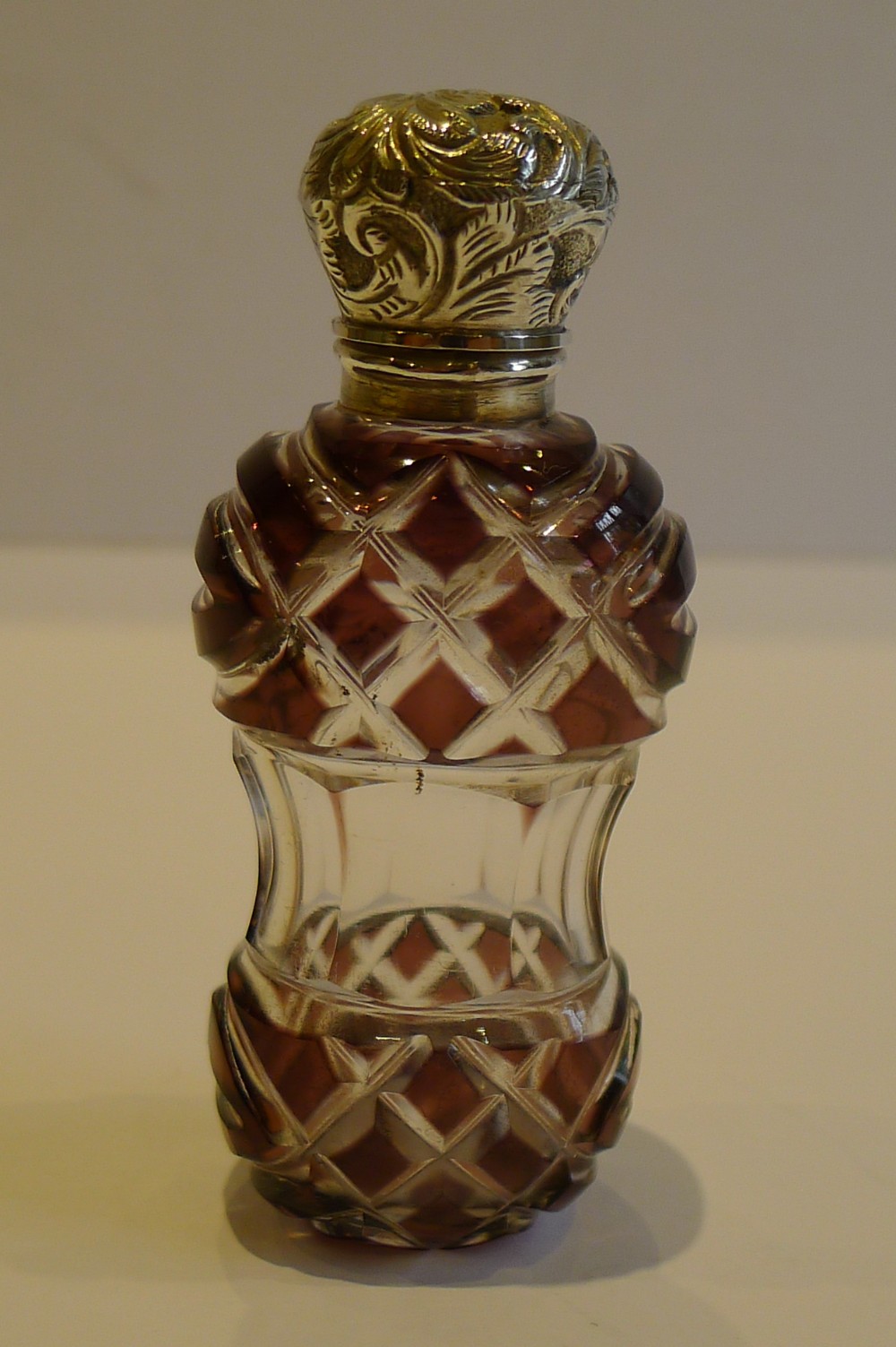 Antique English Purple Overlay Glass Perfume Bottle - Sterling Silver c.1890