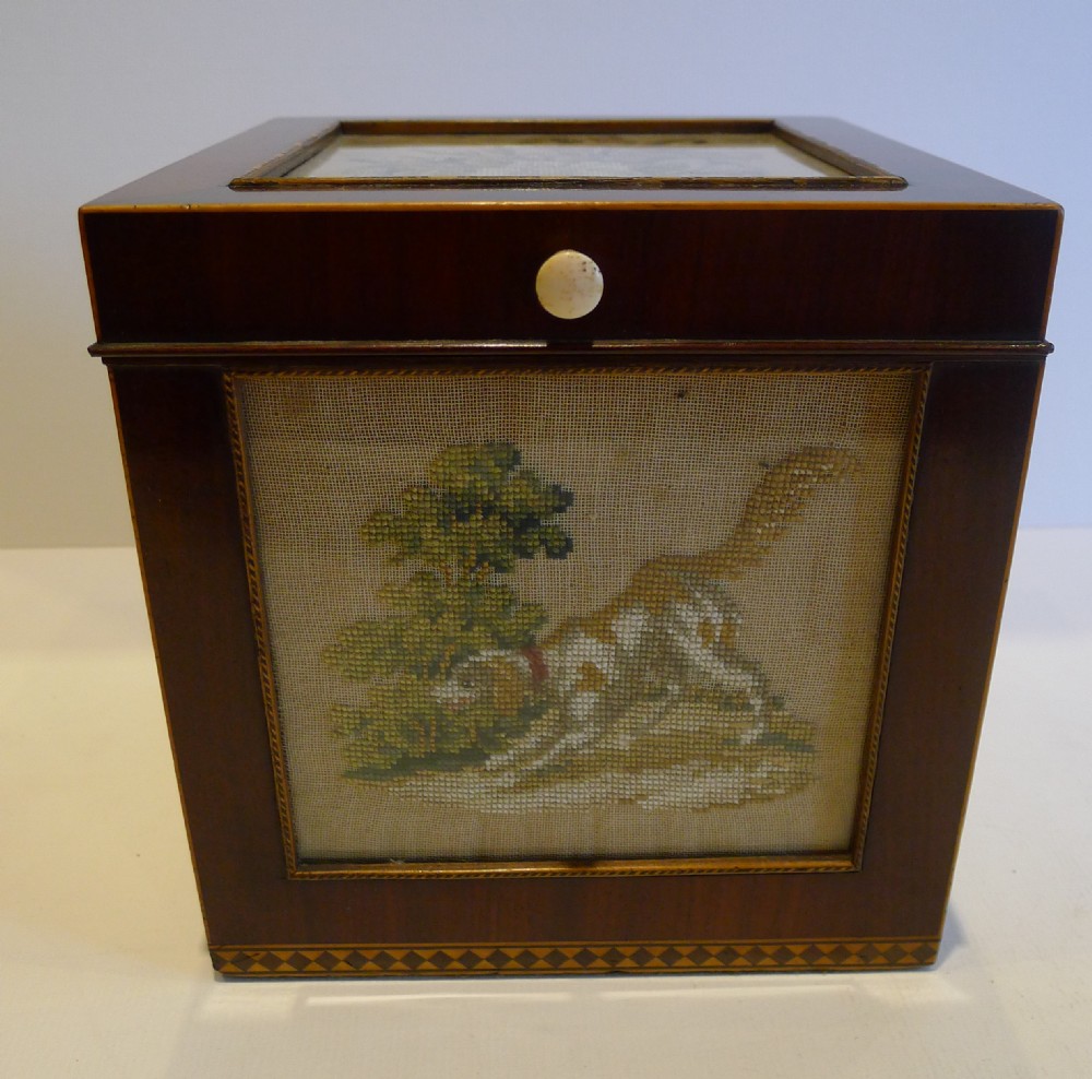 Rare Antique English Tea Caddy - Figural Embroidered Panels c.1820
