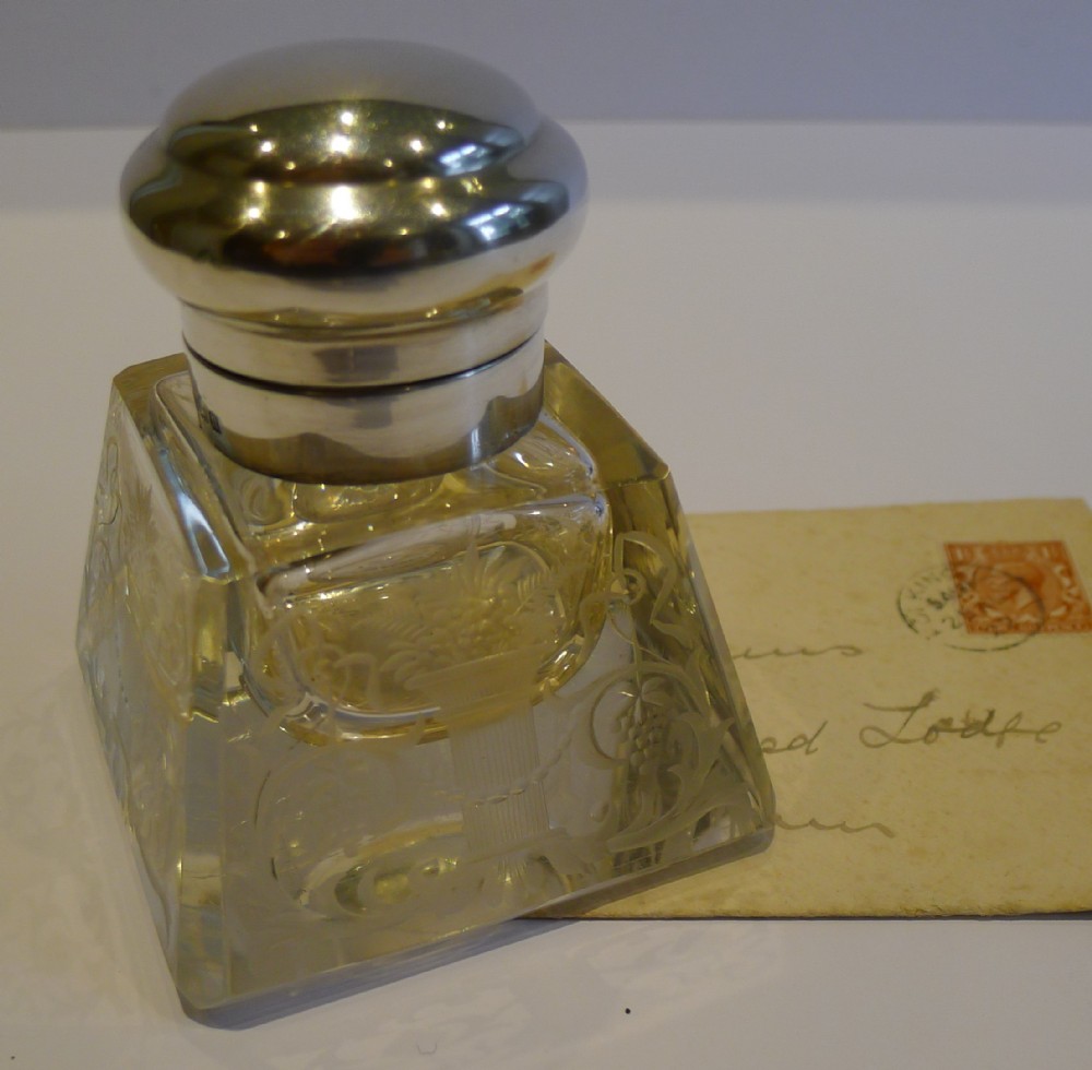 Antique English Engraved Crystal & Sterling Silver Inkwell - 1912