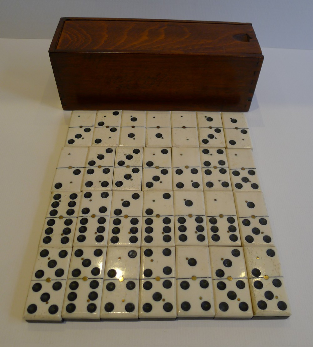 Antique English Boxed Set Bone & Ebony Wood Dominoes c.1890