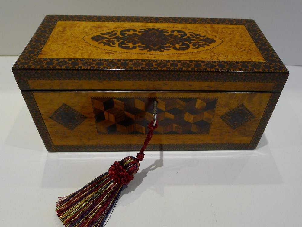 Rare Antique English Ash & Tunbridge Ware Fall-Front Box - Birds