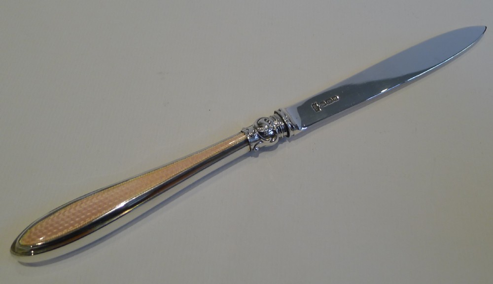 Antique English Sterling Silver & Pink Guilloche Enamel Letter Opener