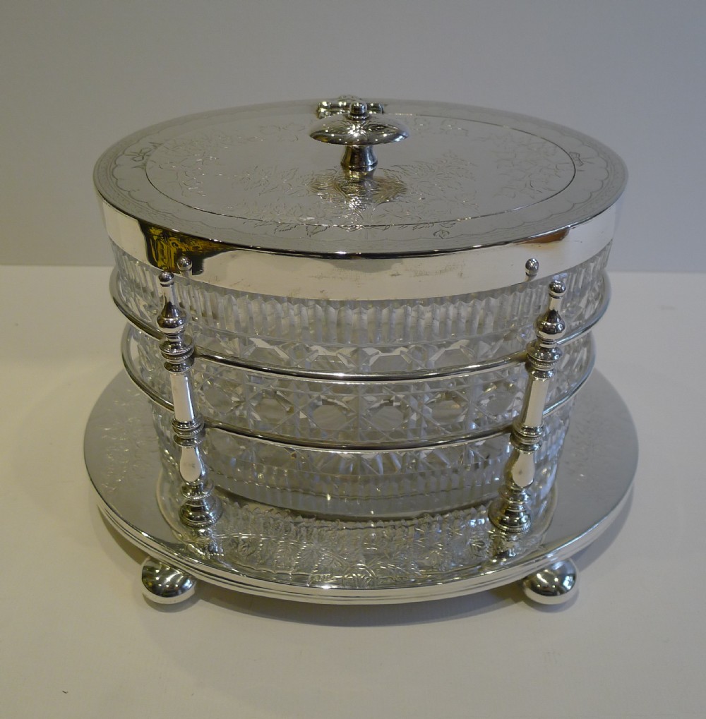Grand Large Antique English Cut Crystal & Silver Plate Biscuit Box c.1880 - Ferns