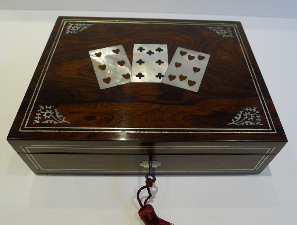 Antique English Mother of Pearl Inlaid Games Box With Period Cards c.1840