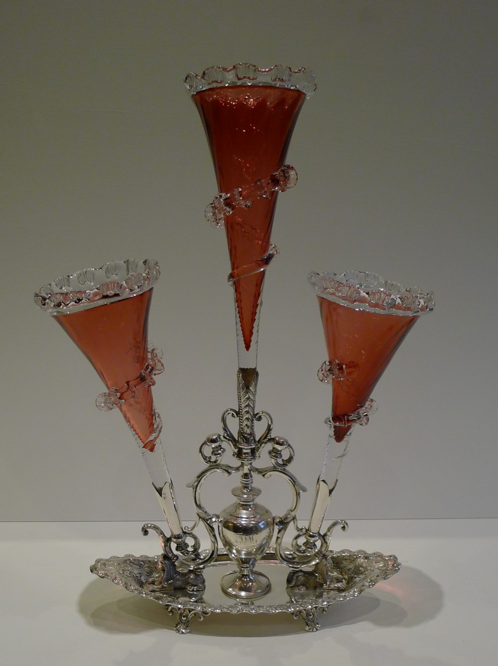 Outstanding Antique English Silver Plate & Cranberry Glass Epergne c.1880