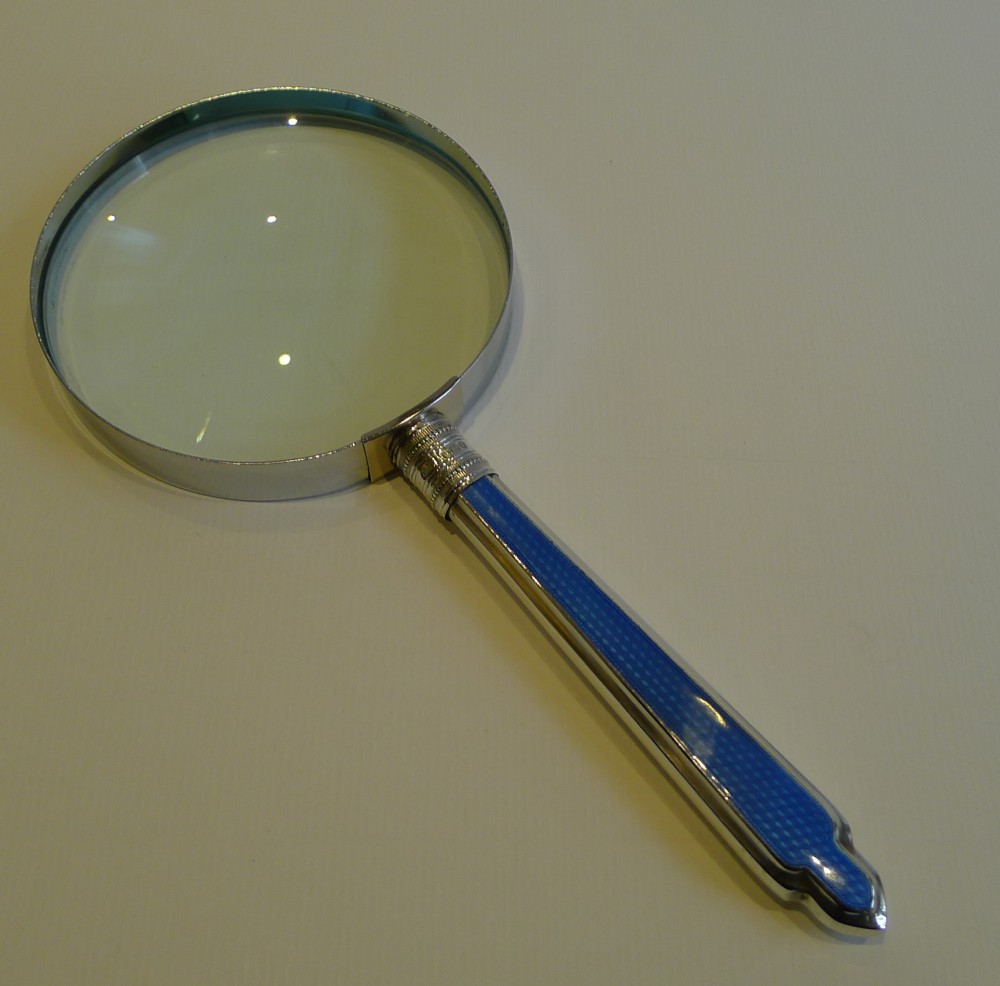 Sterling Silver And Blue Guilloche Enamel Magnifying Glass