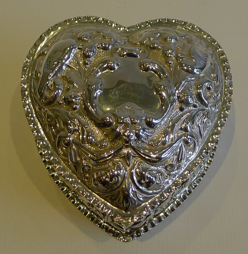Large Antique English Sterling Silver Heart Shaped Box - Doves & Cherub - 1897