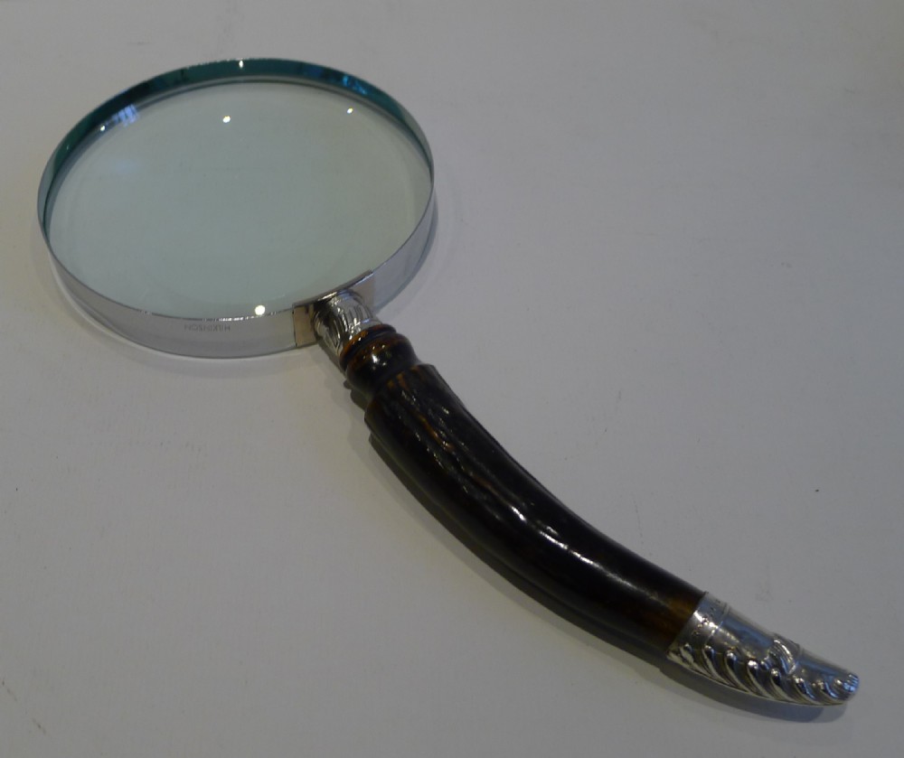 Antique English Antler Horn & Sterling Silver Magnifying Glass