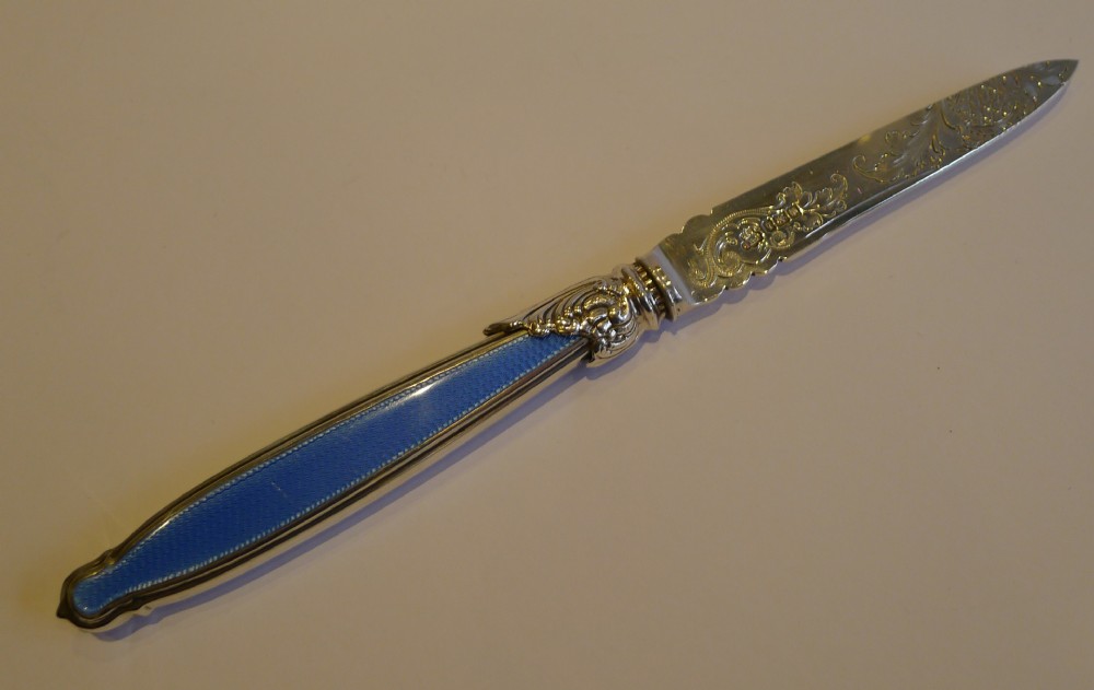Antique English Sterling Silver & Blue Guilloche Enamel Letter Opener