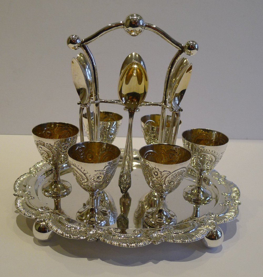 Handsome Antique English Silver Plated Egg Cruet For Six c.1890