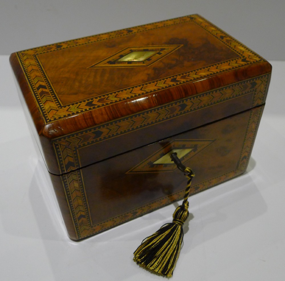 Antique English Burl Walnut and Tunbridge Inlaid Tea Caddy c.1860