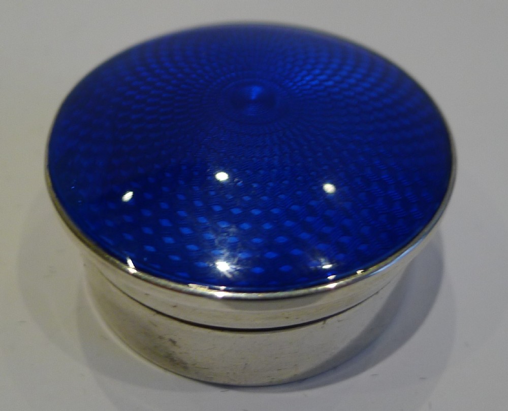 English Sterling Silver & Blue Guilloche Enamel Pill Box - 1922